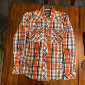 Affliction- Orange, blue, white plaid long sleeve button down collared shirt
